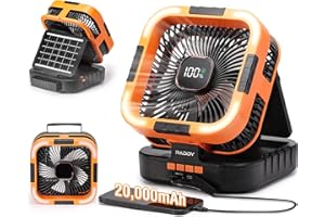 Raddy CF3 Ventilateur de camping rechargeable 20 000 mAh, portable, batterie intégrée, 3 W panneau solaire, USB, LED, 6 vitesses, oscillation 90°, tente, BBQ, plein air & urgences, orange