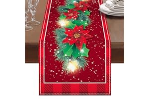 FRIGG Runner Tavola Moderno Natalizio 230 x 33cm, Decorazioni Tavola Natale, Runner Tavola Natalizio Rosso Stampa con Stella di Natale, Foglia di Agrifoglio e Fiocchi Di Neve, per Decorazioni Tavola Natale
