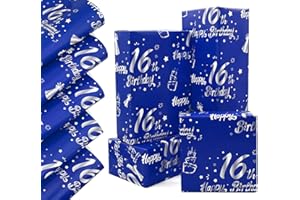 QRTDXP Navy Blue 16th Gift Wrapping Paper Sheets,5pcs 50 * 70cm Large Silver 16th Birthday Paper, Blue Eco-friendly Gift Wrap Perfect for Wrapping Present for Boys Girls