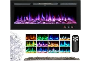 INMOZATA Electric Fireplace Wall Mounted Insert Recessed 50 inch Wall Electric Fires Heater Touch Remote Control 12 LED Color Flame Effect, Crystal with Log Set