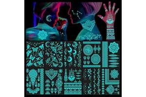 DPKOW Błękitne świecące tymczasowe tatuaże indyjskie koronki dla kobiet dziewcząt ręka ramię sztuka ciała, 10 arkuszy świecące w ciemności tymczasowe tatuaże mandala, księżyc gwiazda motyl tatuaż