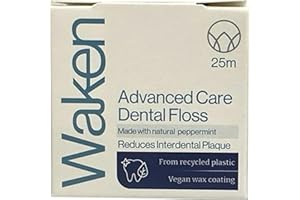 Waken , 25m peppermint dental floss, 100% natural flavor, reduces plaque and gum disease, clinically tested, vegan floss, eco-friendly, sustainable packaging, 100% recyclable, white