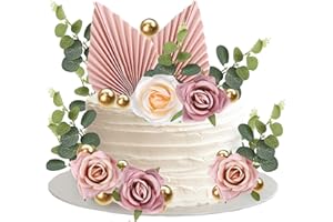 Xsstarmi 22 Pack Rose Artificial Flower Leaves Cake Decorations Gold Balloon Cake Toppers Paper Palm Fan Cake Toppers for DIY Wedding Bithday Valentine's Day Party Cake Decorations Supplie