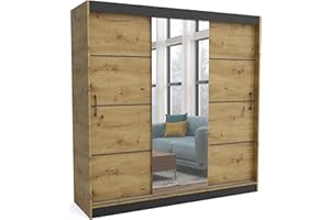 ‎BRENT Brent - Kleiderschrank mit Spiegel 200cm Breit Windsor Tomy I Schlafzimmerschrank mit Stangen und Einlegeböden für Kleidung I Kleiderschrank Artisan Eiche
