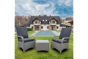 AZRBOPO 3 Pieces Outdoor Rattan Bistro Set, Patio Wicker Balcony Furniture with Steel Frame, Conservatory Set w/ 2 Cushioned Chair, Coffee Table, Rain Cover