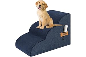 ROMROL Dog Stairs for Small Dogs, 3-Step Non-Slip Pet Ramp for Bed & Sofa – High-Density Foam, Removable Washable Cover – Soft Dog Steps for Puppies, Senior Dogs & Cats, 58x38x38cm, Navy