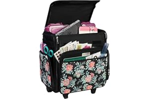 Everything Mary Wheeled Scrapbook Tote for Scrapbooking & Art - Travel Organizer Storage Bin for Paper, Glue, Tape Black Flowers