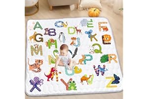 Funsland Tapis de Jeux Bebe, Antidérapant Tapis Rampant Bébé 127x127 cm, Résistant à l'eau Tapis de Motricité Bébé Pliable, Coton Lettre Animaux Tapis Eveil Enfants Epais, Applicable à Clôture
