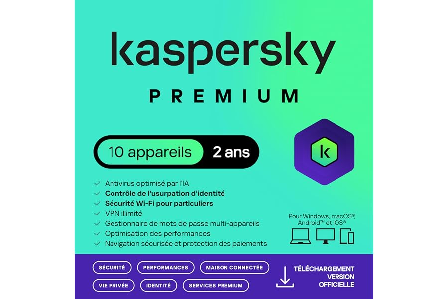 Kaspersky Premium Total Security 2025 | 10 appareils | 2 ans | Anti-Phishing et Pare-feu | VPN illimité | Gestionnaire de mot