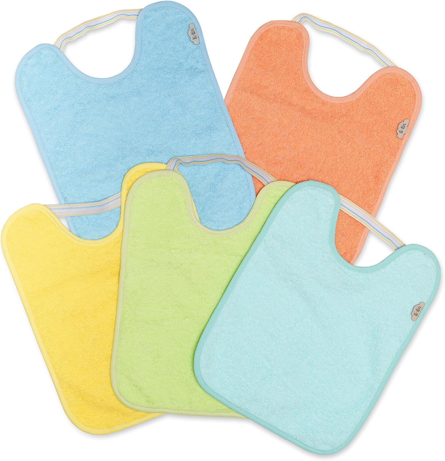 Ti TIN Pack 5 Baberos Bebé Impermeables y Absorbentes - 6 a 12 Meses - Ideal Guardería con Goma Elástica y Rizo de Algodón Extra Suave