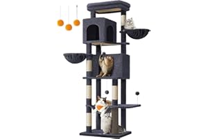 Feandrea duży drapak, wysokość 175 cm, XL, wielopoziomowy drapak dla kota z 2 jaskiniami, 2 leżakami, 5 drapakami, szczotka dla kota, duża platforma, ciemnoszary PCT182G02