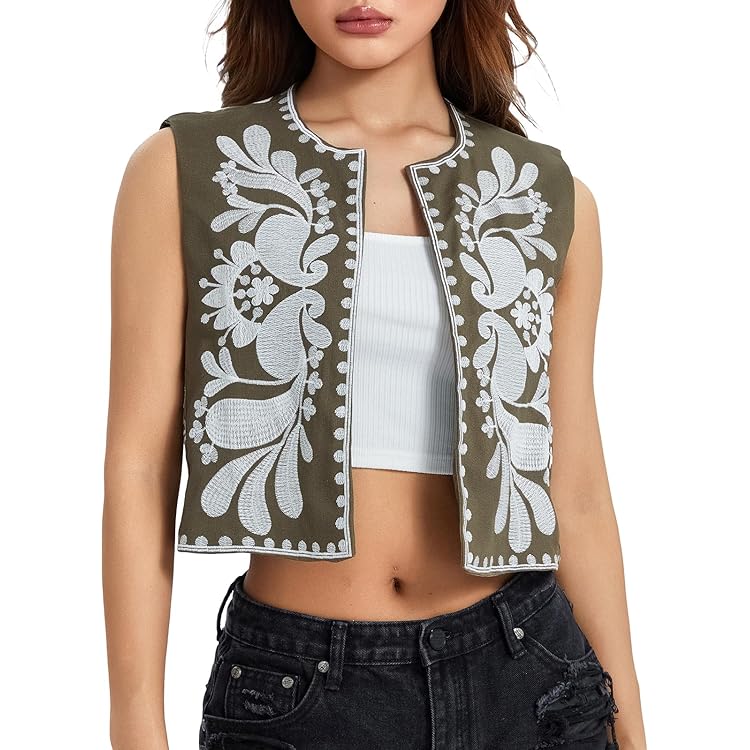 Gilet Femme Sans Manches Brodé Floral – Style Vintage, Polyester – Taille L (env. 46,5x43,5 Cm) – Idéal Décontracté, Fêtes