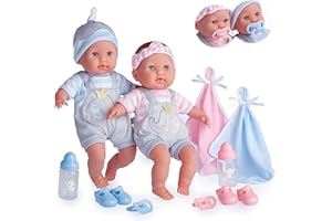 JC TOYS- Muñecos bebés Gemelos de Berenguer Boutique de Cuerpo Blando de 38 cm, Sus Ojos abren y cierran, Incluye Ropa y 8 Accesorios, diseñado en España por Berenguer, +2 años