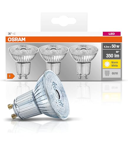 OSRAM Riflettori LED dimmerabili con attacco GU10, risparmio energetico, sostituzione 50 W, durata molto lunga (25.000 H), angolo di diffusione 36°, bianco freddo | PAR16 50 36 ° 4,5 W/4000 K GU10