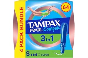 Tampax Compak Pearl Tampons, Super with Applicator, 64 Tampons (16 x 4 Packs), Leak Protection and Discretion