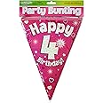 OAKTREE UK 630482 Party Bunting Happy 4th Birthday Pink Holographic 11 Flags 3.9m