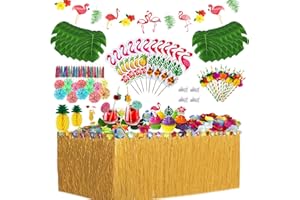 OUJI Hawaii Party Dekoration Set, 128PCS Tropische Party Dekoration Set, Hawaii Tischröcke, Palmblätter, Ananas Flamingo Regenschirm Obst Stroh Kombition für Sommer Strand Garten Party Dekoration