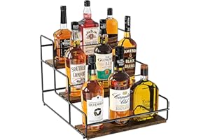 Nuovoware Scaffale per Bottiglie di Liquore, Scaffale Liquori 3 Livelli, Mobile Bar in Acciaio al Carbonio Base in Legno Barra Contenimento Whisky, Sciroppo Vino, Scaffale Vino per Bar Cucina, Nero