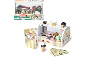 Melissa & Doug - Eisdiele aus Holz, 28-teilig, Für das Eisdielen-Rollenspiel mit 8 Sorten Eiscreme, Eistüten und Eisbecher, Spielgeld inklusive, Für Kinder ab 3 Jahren