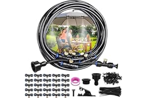 AQXONG 18M Kit D’Irrigation Système de Brumisateur Extérieur 106Pcs, avec 25 Buses de Brume avec Joint en T, Système de Refroidissement Extérieur par Brume, Brumisateur pour Terrasse, Jardin, Piscine