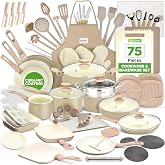 NutriChef Pots and Pans Set, Nonstick Cookware 75-Piece, Ceramic Pan Collection with Bakeware, Knife Kit, Food-Grade Safe, St