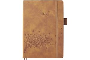 YHH A5 Diary 2026 Day per Page, Daily Planner with Monthly Tabs, Back Pocket, Pen Holder & 2 Bookmarks, Extra Notes, UK Holiday, PU Hardcover, Elastic Closure, Diary 2026 Day to Page, Jan.26 - Dec.26
