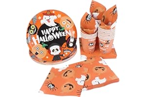 Hemoton Halloween Partygeschirr-Set Einweg-Geschirr-Set enthält Halloween-Pappteller und Servietten, Becher für Vorspeisen, Mittagessen, Abendessen und Desserts(24-teilig)