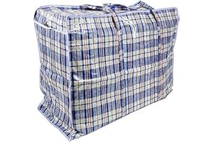 EBAXX Plastic Bag Camping Jumbo Underbed Storage Bag Checked Zip XXL XL L Large (Blue, 45L x 18W x 40H cm)