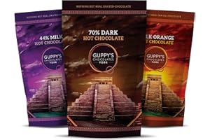 Guppy's Chocolates York | Luxury Hot Chocolate Flakes | 3 Pack | Real Grated Drinking Chocolate | Works With Velvetiser | 245g Resealable Pouch Equal To 7 Sachets per pack (Dark | Milk | Orange)