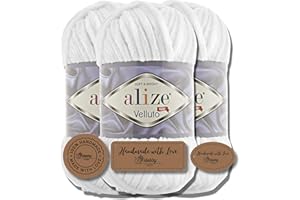 ‎HOBBY YARN Hobby YARN 3x Etikettenlabel mit Alize Velluto Wolle Premium 3x100g als Set, Chenille Dicke Wolle zum Häkeln Uni Farbe Bulky Amigurumi Baby Kuschelwolle Filzwolle (White - 55)