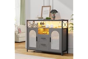 Lvifur Mobile Cucina Dispensa Con Ricarica Wireless, Armadio Portaoggetti Con Sensore Automatico RGB a 20 Colori, Credenza Dimmerabile Cassettiera Con Porte USB Type-C Grigio