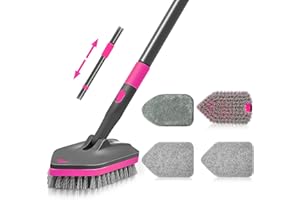 NEWE 3 in 1 Spazzola per la Pulizia della Doccia, Scrubber per Vasca da Bagno con Manico Lungo Telescopico da 142 cm, 4 Testine Sostituibili per Vasca da Bagno Pavimento Lavandino (Rosso Rosa)