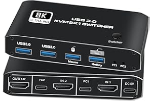NEWCARE HDMI KVM Switch 8K 60Hz,KVM Switch 2x1 HDMI2.1 Ports + 4X USB 3.0 KVM Ports,Share 2 Computers one Monitor with one Keyboard Mouse,Supports 4K 120Hz,YUV 4:4:4, HDCP 2.3, HDR 10,Hotkey