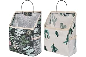 Nramwell 2 PCS Wall Hanging Organiser Bag, Linen Hanging Storage Bag with Hook, Cactus Pattern and Plants Pattern Fabric Baskets for Storage with Metal Frame, Storage for Toys, Clothes, Books