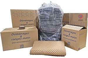 DRESSING MALIN Kit déménagement T1 – 27 pièces : 10 cartons standard 55x35x30 cm (57L), 5 cartons livre 34x26x32 cm (28L), 10 papiers bulle biodégradables 0,5x1 m, 1 adhésif 4,8 cm x 68 m, 1 sac fourre-tout 150L