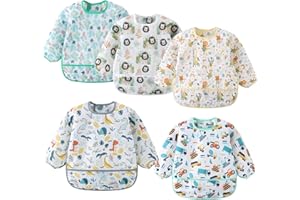 ElecMotive Long Sleeve Bibs 5 Pack Waterproof Sleeved Bib Baby Toddler Soft Bib for 6-30 Months