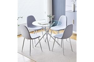 Hallowood Furniture Cullompton Small Glass Dining Table and Chairs Set 4, Round Dining Table (90cm) and Grey Fabric Chairs, Kitchen Table and Chairs, Dining Room Sets for Home and Cafe