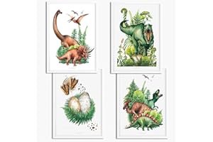 Sunnywall® 4er Set Dinosaurier T-Rex Brachiosaurus Triceratops Poster Kinderzimmer - A4 Bilder Babyzimmer Kinderposter | OHNE Bilderrahmen | - Deko Mädchen Junge