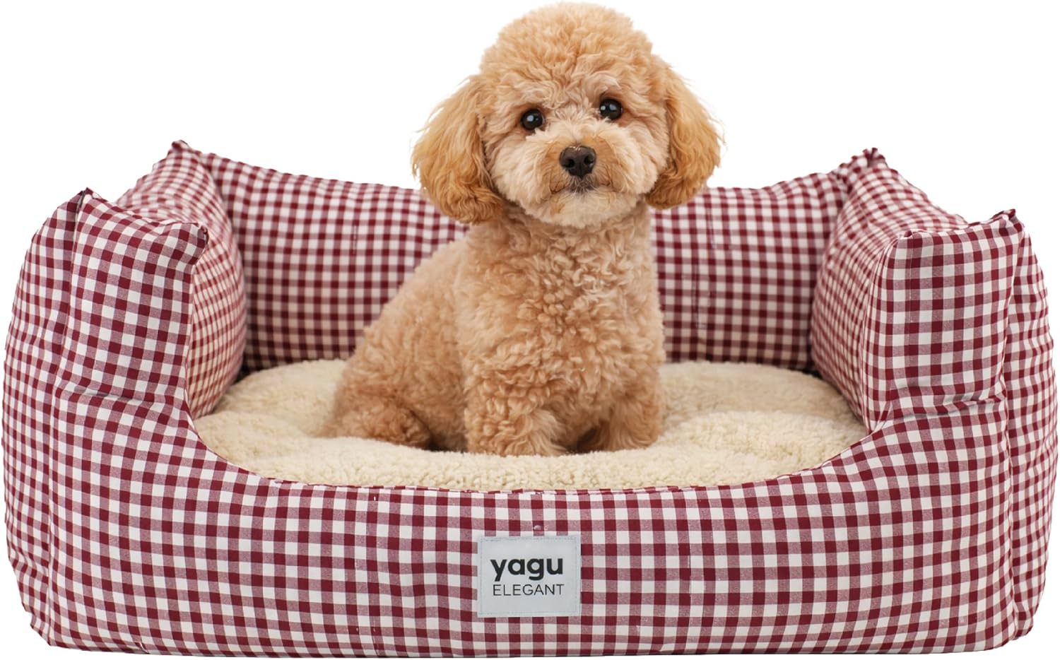 YAGU - Cama para Perros y Gatos T-1 (50x38x22 cm) Cama Confort Diseño Vichy Grana con Interior de Borreguillo Suave. Cojín Reversible, Relleno de Fibra Reciclada, Lavable y Base Antideslizante