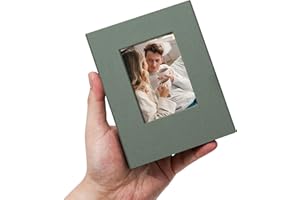 Remowith Album Fotografico 10x15 Piccolo con 100 Tasche, Copertina in Lino con Finestra Anteriore, Mini Album Portatile per Viaggi, Matrimonio e Ricordi,Grigio Verde