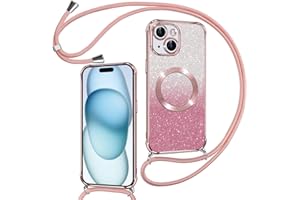Phoona Handykette Hülle für iPhone 15 mit Band [kompatibel mit MagSafe], Luxuriöse Glitzer Beschichtung Magnetische Handyhülle für iPhone 15 Silikon TPU Stoßfest Schutzhülle, Rosa