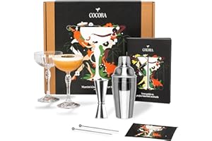 Cocora Set Martini | Set à Cocktail de 8 pièces | Shaker à Cocktail en Acier Inoxydable | Verres à Martini Coupés | Kit Barman | Livre de Cocktails (10+ Recettes) | Emballage Cadeau de Luxe (Argent)