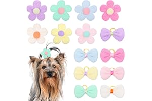 Yolev 14 Pcs Dog Hair Bows Small Dog Bows Handmade Flower Puppy Hair Accessories with Rubber Band Mixed Colors Dog Bowknot Bulk for Small Cat Pet Hair Holiday Daily Party Birthday Accessories