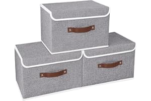Yawinhe Lot de 3 Boîte de Rangement, Pliable de avec Couvercle, pour Serviettes, Livres, Jouets, Vêtements et Ainsi de Suite, 33x23x20cm, Gris, SNK018GY-S