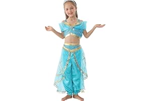Lito Angels Deguisement Robe de Aladdin Princesse Jasmine pour Enfants Filles, Costume d'halloween Vêtements de fête d'anniversaire Cosplay de Carnaval, avec Bandeau/Perruque/Cape