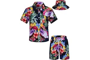 TUNEVUSE Kleine und große Jungen hawaiianisches Hemd und kurzes Set, Sommer bedruckte Kinder Cabina Set mit Hüten