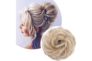 SILK-CO Moño Postizo Rizado con Goma (Más Grueso) 1PCS Se Ve Natural Coletero Peinado Alto Extensiones de Pelo Sintético Rizado Ondulado Postiz-45g-#Rubio Oscuro y Rubio Pálido