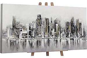 YS-Art XXL Abstrakt Acryl Gemälde auf Leinwand handgemalt Megapolis Wandbilder Wohnzimmer moderne Großstadt Skyline Wohndekor Bilder Büro echte Kunst 120x60 cm