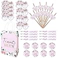 Hen Party Goody Bag Set (For 16 Hens) - Floral Design with Rose Gold Foil Team Bride Text - Bags, Badges, Wristbands, Glasses, and Straws - Perfect Bags and Wedding Goodie Fillers