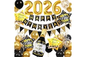 DOUVELUE Silvester Deko 2026, Happy New Year Banner und 2026 Folienballos, Schwarze und Goldene Silvester Ballons, Neujahrsdeko, Silvesterpartydeko Accessoire für Silvesterparty